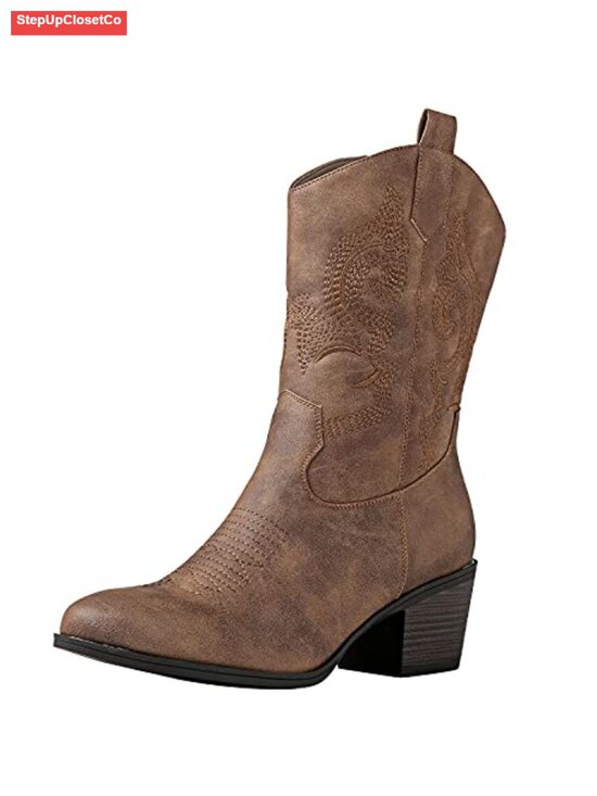 Shoes - Women's Mid Calf Cowgirl Boots Chunky Low Heel Faux Leather Zip Closure